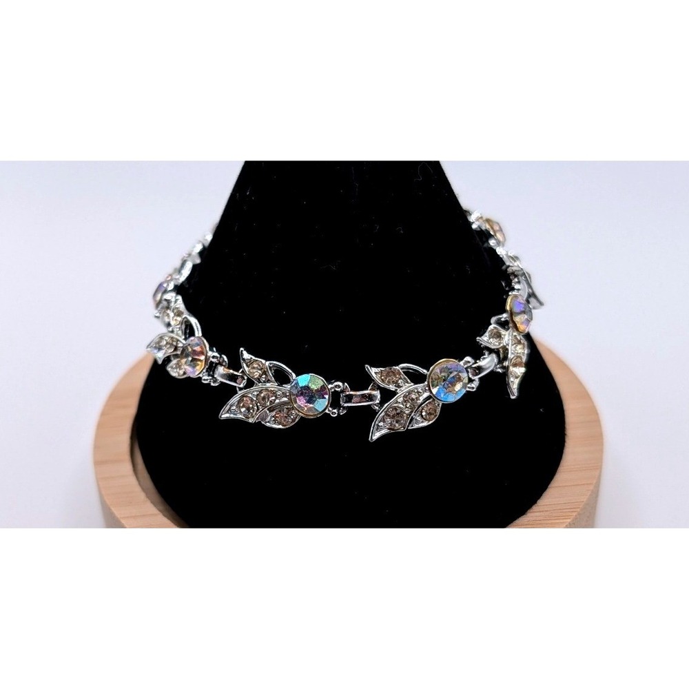 Vintage AB Rhinestone Leaf Bracelet Silver‎ Tone Floral Link Mid Century Jewelry
